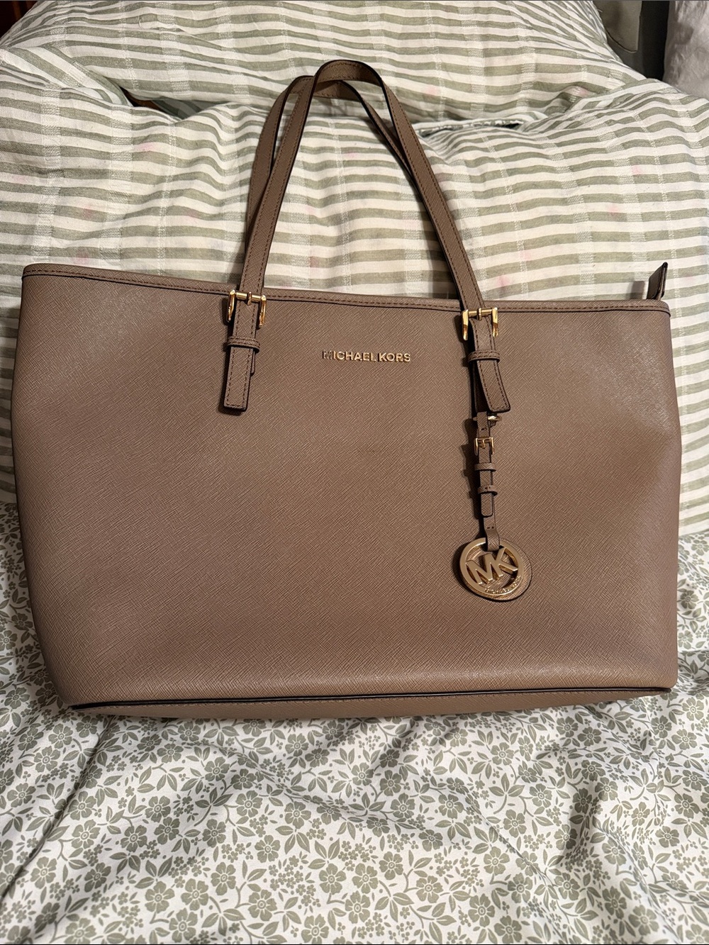Michael Kors Taupe Saffiano Leather Tote with Gold Hardware